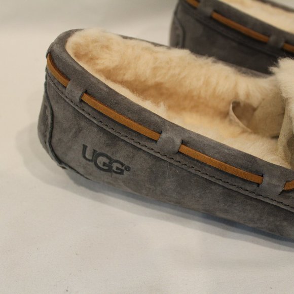 NIB UGG WOMEN'S DAKOTA GRAY SUEDE SHEARLING TIE SLIPPERS‎ - Picture 4 of 6
